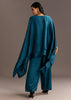 Teal Blue Crush Silk Kaftaan Set Styled With Stone Neckpiece