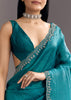 Teal Blue Crushed Tissue Stone Embellished Saree With Cutdana Scallop Border