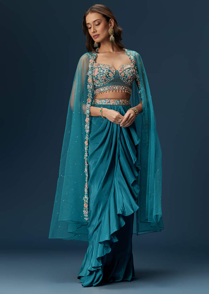 Teal Blue Dhoti Skirt Set With Embroidered Blouse And Net Dupatta