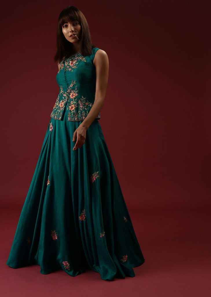 Teal Blue Lehenga And Long Top In Raw Silk With Multi Colored Resham And Moti Embroidered Floral Design