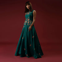 Teal Blue Lehenga And Long Top In Raw Silk With Multi Colored Resham And Moti Embroidered Floral Design