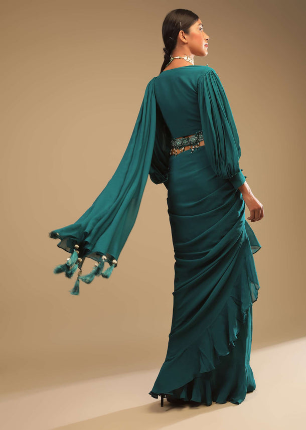 Teal Blue Saree In Georgette With Ruffle Frill And A Chunky Embroidered Belt