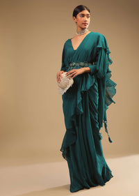 Teal Blue Saree In Georgette With Ruffle Frill And A Chunky Embroidered Belt