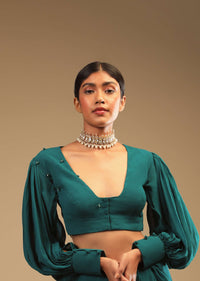 Teal Blue Saree In Georgette With Ruffle Frill And A Chunky Embroidered Belt