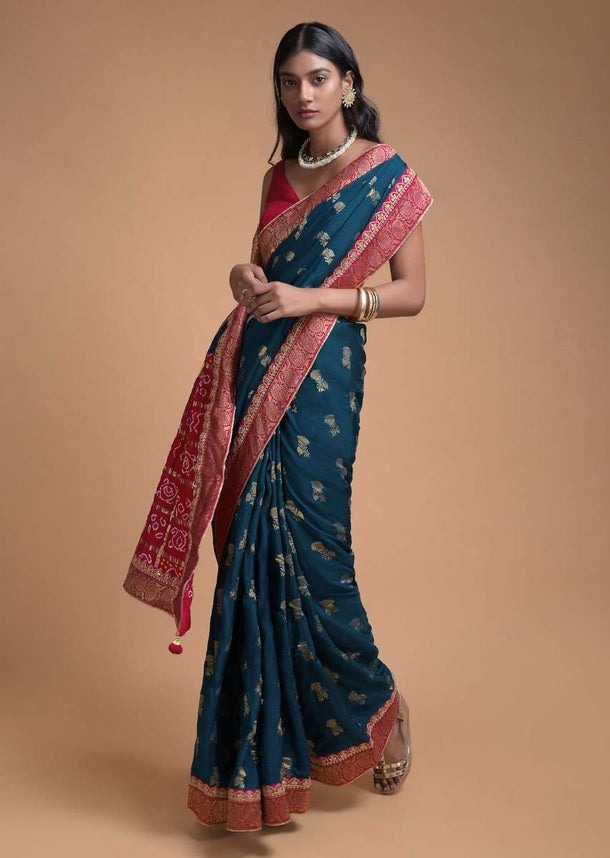 Teal Blue Saree In Silk With Bandhani Printed Pallu And Weaved Floral Buttis And Border