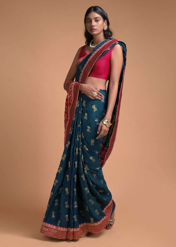 Teal Blue Saree In Silk With Bandhani Printed Pallu And Weaved Floral Buttis And Border