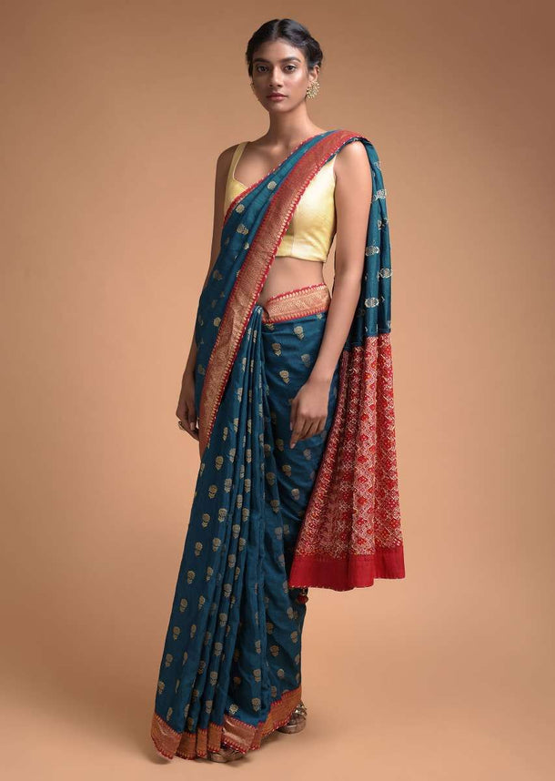 Teal Blue Saree In Silk With Weaved Floral Buttis And Bandhani Printed Pallu