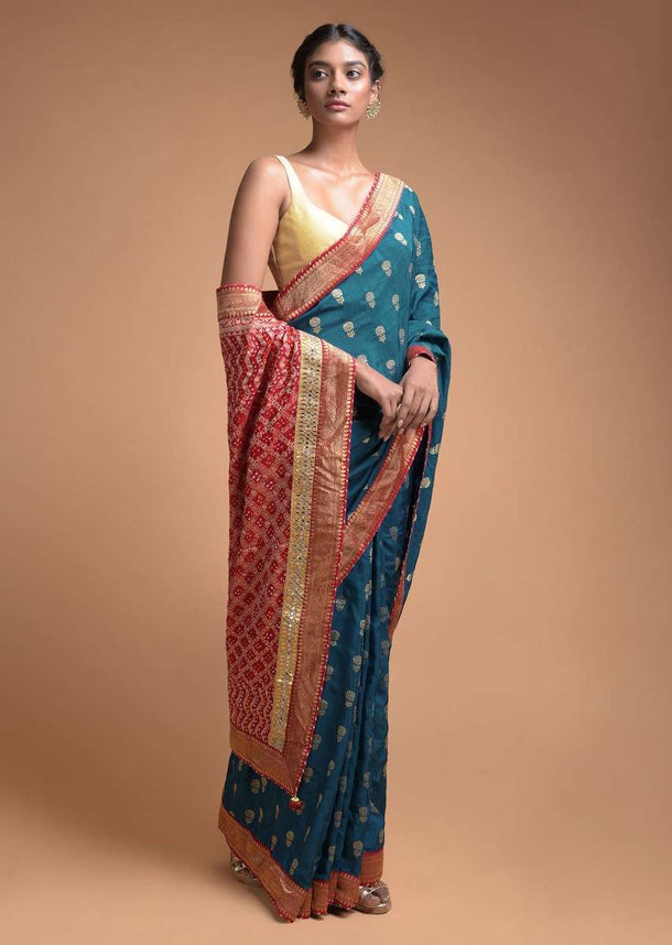 Teal Blue Saree In Silk With Weaved Floral Buttis And Bandhani Printed Pallu