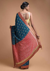 Teal Blue Saree In Silk With Weaved Floral Buttis And Bandhani Printed Pallu