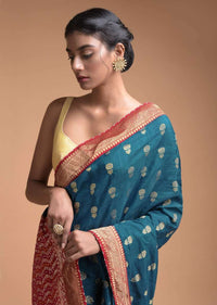 Teal Blue Saree In Silk With Weaved Floral Buttis And Bandhani Printed Pallu