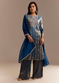 Teal Blue Tissue Zardosi Embroidered Palazzo Set