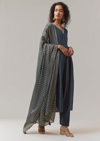 Teal Blue Zardozi Work Anarkali Set