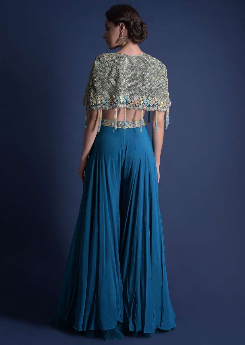 Seaside Blue Crop Top And Palazzo With Embossed Embroidery And Hand Crafted Cape