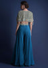 Seaside Blue Crop Top And Palazzo With Embossed Embroidery And Hand Crafted Cape