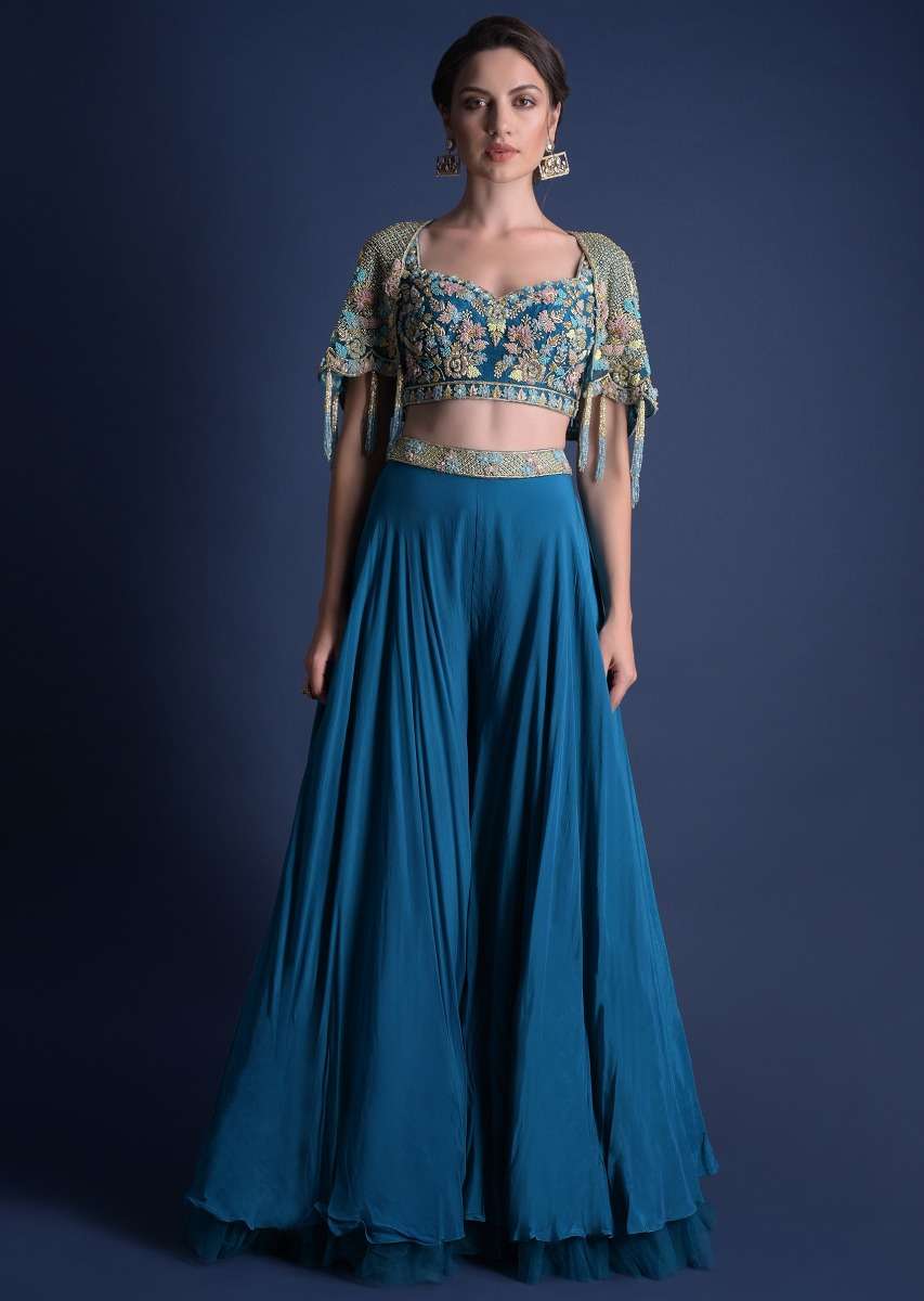Seaside Blue Crop Top And Palazzo With Embossed Embroidery And Hand Crafted Cape