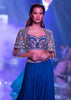 Seaside Blue Crop Top And Palazzo With Embossed Embroidery And Hand Crafted Cape