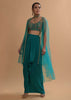 Teal Drape Skirt And Crop Top With Matching Cape And Colorful Resham Embroidered Spring Blooms
