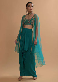 Teal Drape Skirt And Crop Top With Matching Cape And Colorful Resham Embroidered Spring Blooms