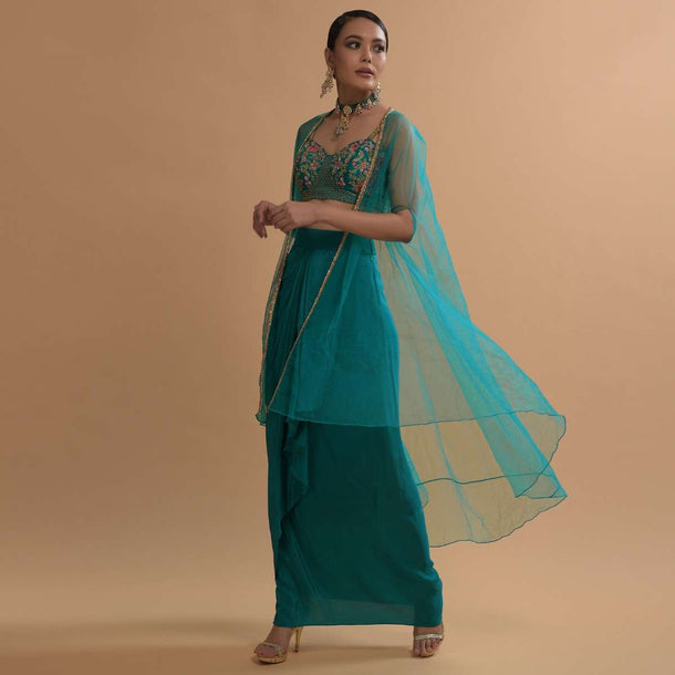 Teal Drape Skirt And Crop Top With Matching Cape And Colorful Resham Embroidered Spring Blooms