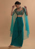 Teal Drape Skirt And Crop Top With Matching Cape And Colorful Resham Embroidered Spring Blooms