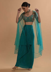 Teal Drape Skirt And Crop Top With Matching Cape And Colorful Resham Embroidered Spring Blooms