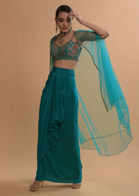 Teal Drape Skirt And Crop Top With Matching Cape And Colorful Resham Embroidered Spring Blooms