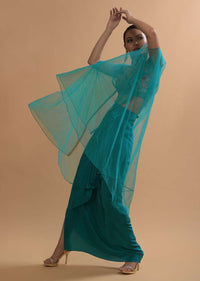 Teal Drape Skirt And Crop Top With Matching Cape And Colorful Resham Embroidered Spring Blooms