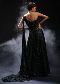 Teal Gown Embellished In Sequins With Drape Design On The Bodice And Extended Cape On One Shoulder