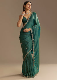 Teal Green Crushed Tissue Saree With Cutdana Embroidery And Scallop Border