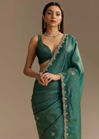 Teal Green Crushed Tissue Saree With Cutdana Embroidery And Scallop Border