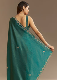 Teal Green Crushed Tissue Saree With Cutdana Embroidery And Scallop Border