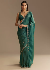 Teal Green Crushed Tissue Saree With Cutdana Embroidery And Scallop Border