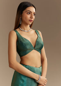 Teal Green Crushed Tissue Saree With Cutdana Embroidery And Scallop Border