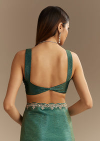 Teal Green Crushed Tissue Saree With Cutdana Embroidery And Scallop Border