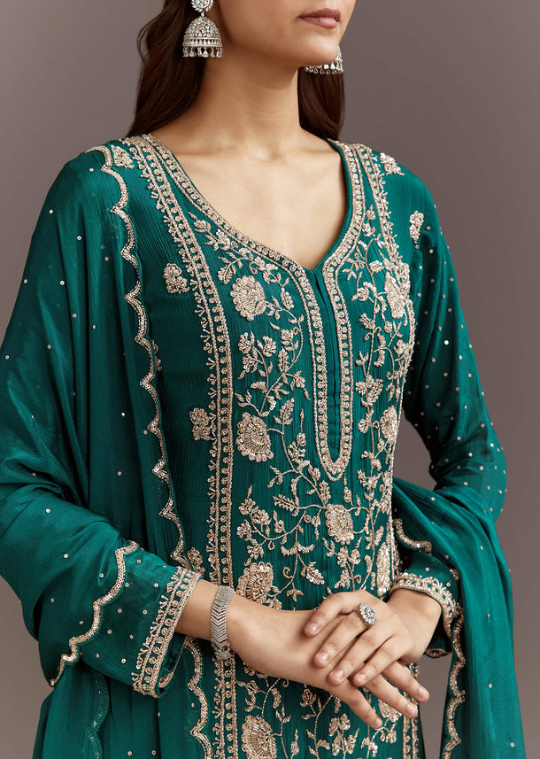 Teal Green Cutdana And Sequins Kurta Sharara With Dupatta