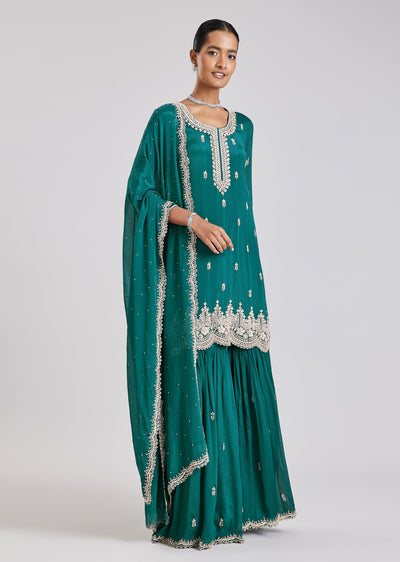 Teal Green Embroidered Sharara Set