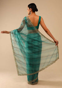 Teal Green Saree In Organza With Lehariya Print And Hand Embroidered Border With Beads And Sequins Work