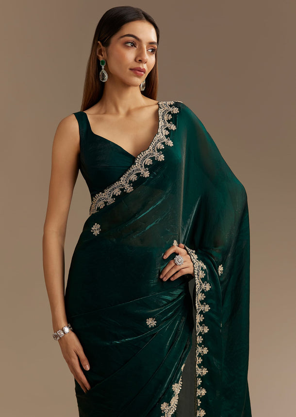 Teal Green Satin Saree With Zardosi Embroidery And Scallop Border