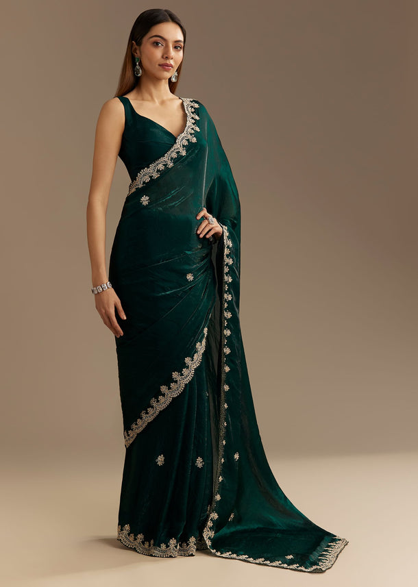 Teal Green Satin Saree With Zardosi Embroidery And Scallop Border