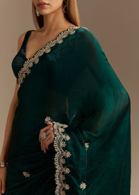 Teal Green Satin Saree With Zardosi Embroidery And Scallop Border