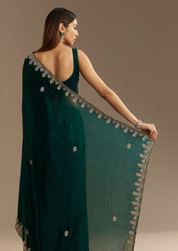 Teal Green Satin Saree With Zardosi Embroidery And Scallop Border