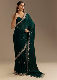 Teal Green Satin Saree With Zardosi Embroidery And Scallop Border