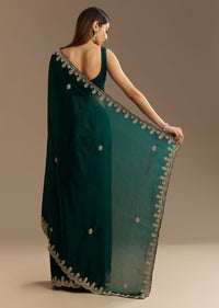 Teal Green Satin Saree With Zardosi Embroidery And Scallop Border