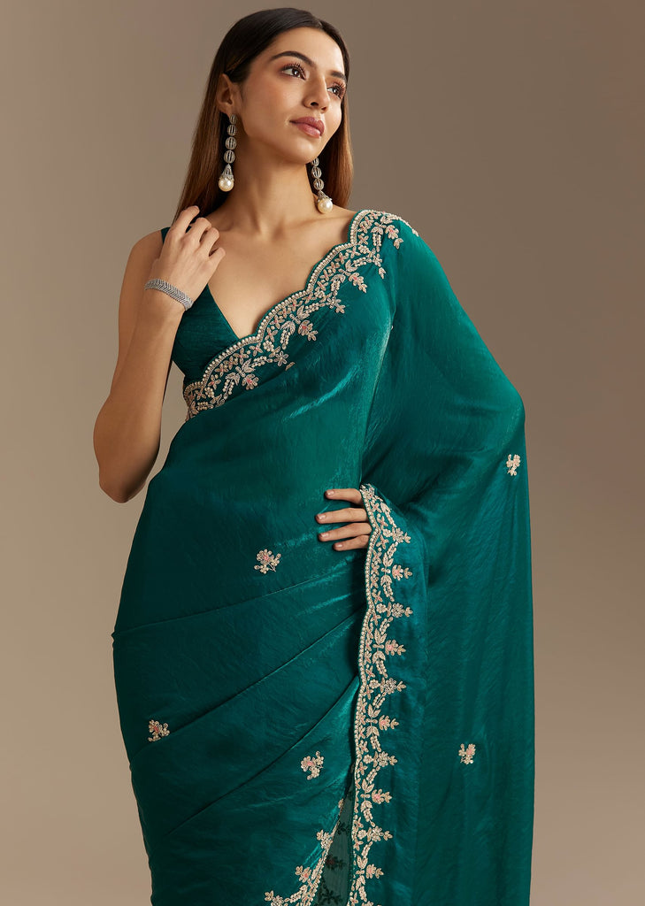 Teal Green Satin Saree With Zardosi Moti Embroidery And Scallop Border