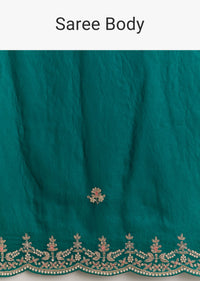 Teal Green Satin Saree With Zardosi Moti Embroidery And Scallop Border