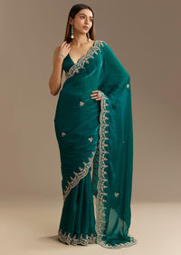 Teal Green Satin Saree With Zardosi Moti Embroidery And Scallop Border