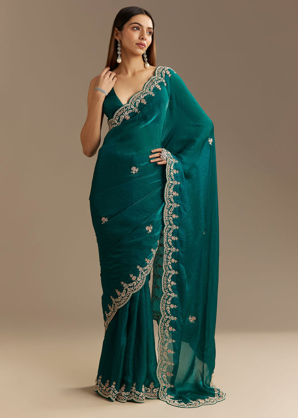 Teal Green Satin Saree With Zardosi Moti Embroidery And Scallop Border