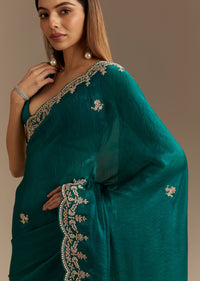 Teal Green Satin Saree With Zardosi Moti Embroidery And Scallop Border