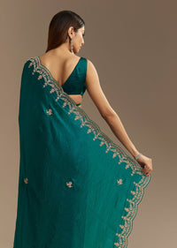 Teal Green Satin Saree With Zardosi Moti Embroidery And Scallop Border