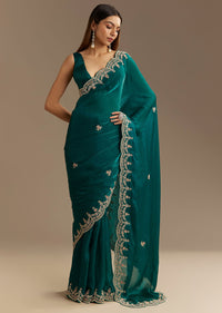 Teal Green Satin Saree With Zardosi Moti Embroidery And Scallop Border